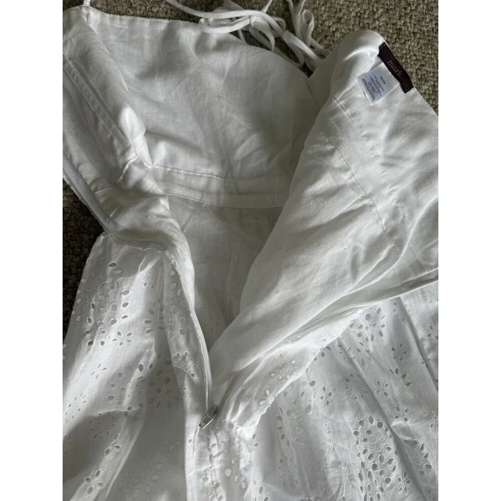 White Cotton Summer Sundress Spaghetti Strap Eyelet Women’s Medium